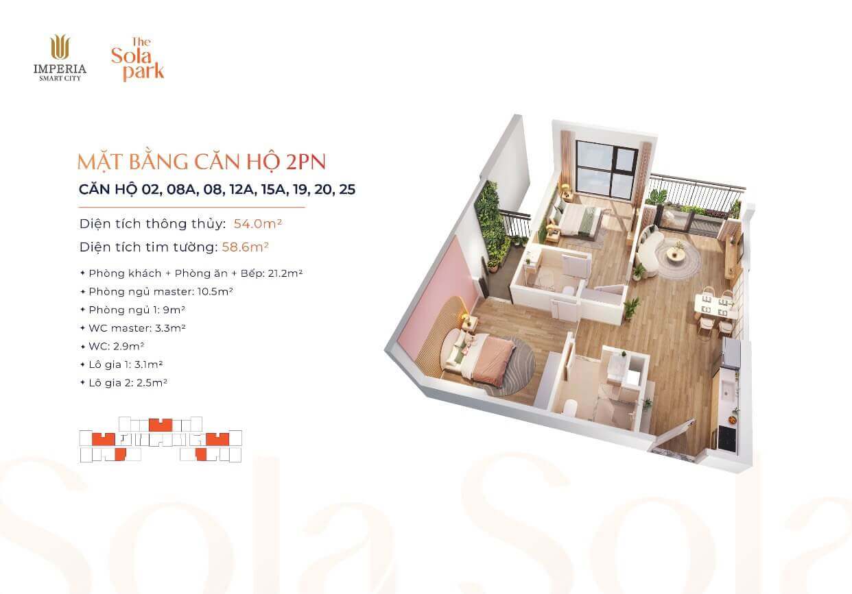 Hình 1: Mặt bằng căn hộ 2 phòng ngủ tại dự án The Sola Park